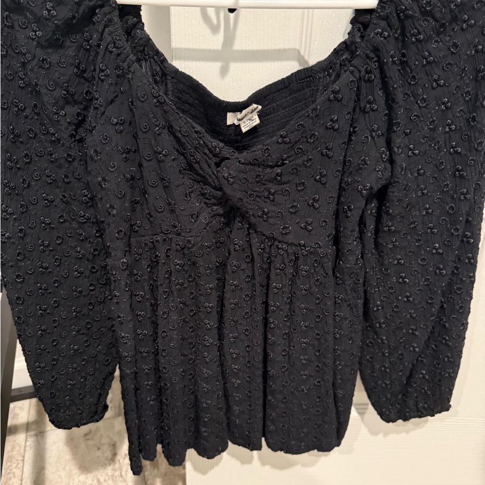 American Eagle Outfitters Black Puff Sleeve Smocked Blouse